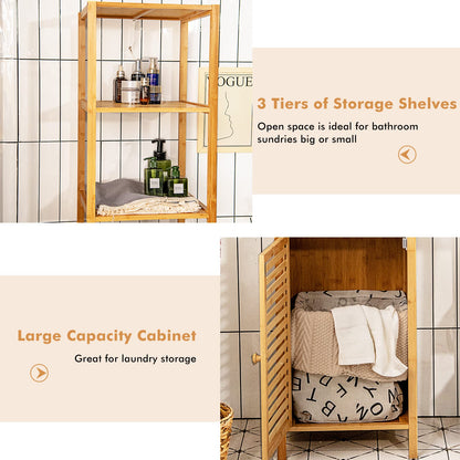 LOKO Tall Bamboo Cabinet, Slim Narrow Floor Storage Cabinet with 3 Tier Shelves & Shutter Door, Freestanding Linen Tower Cabinet for Bathroom, Living