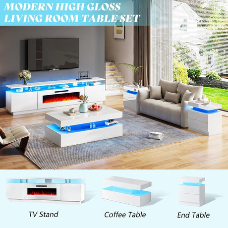 AMERLIFE Fireplace TV Stand with 36" White Fireplace, 70" Modern High Gloss Fireplace Entertainment Center LED Lights, 2 Tier TV Console Cabinet for TVs Up to 80", White & White AMERLIFE