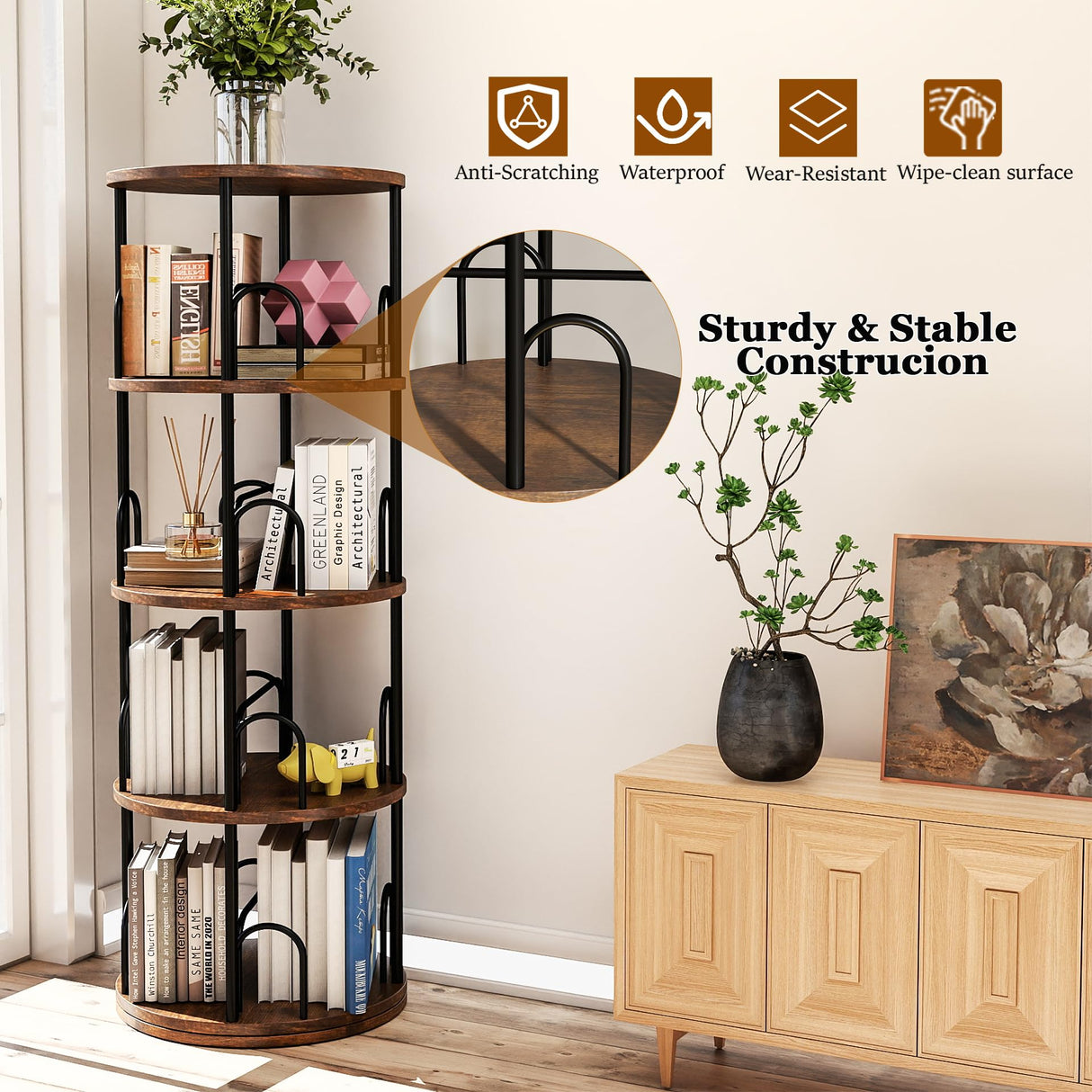 Arbcoler 4 Tier Rotating Bookshelf, 360 ° Display Corner Book Shelf, Stackable Spinning Bookshelf Tower, Narrow Tall Revolving Bookcase, Round Swivel Storage Organizer (Black, 4 Tiers) Arbcoler