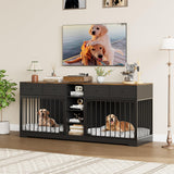 GarveeHome 82” Double Dog Crate Furniture, Large Dog Kennel Indoor for 2 Dogs, Heavy Duty Wooden Dog Crate TV Stand with 4 Drawers and Shelves, Black GarveeHome