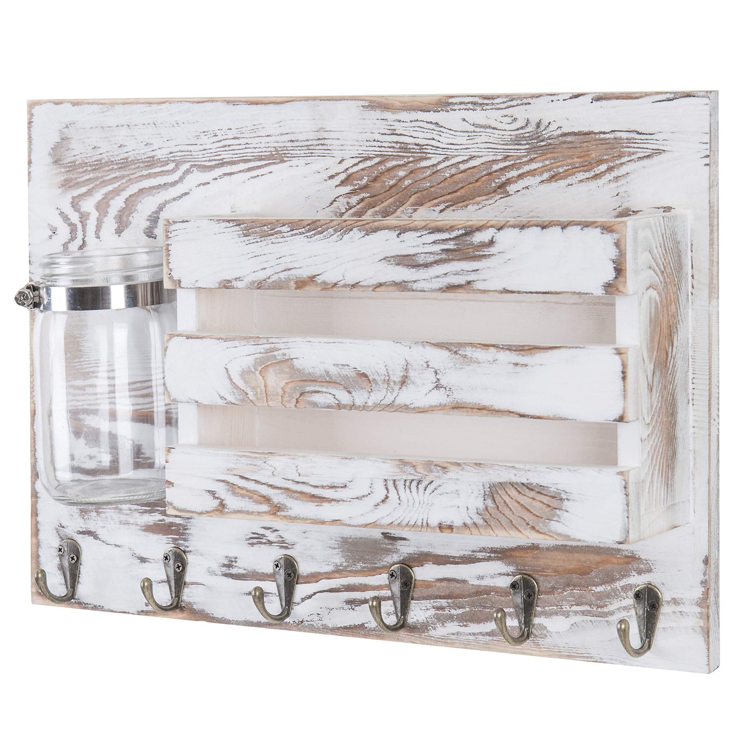 MyGift Whitewashed Wood Wall Mounted Key and Mail Organizer for Wall Rack with 6 Hooks and Decorative Mason Jar Vase