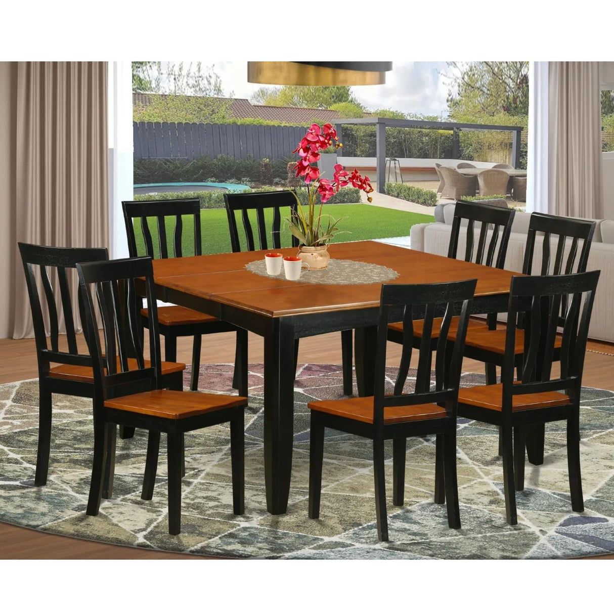 East West Furniture PFAN9-BCH-W 9 Piece Dining Set Includes a Square Dining Table with Butterfly Leaf and 8 Kitchen Chairs, 54x54 Inch, Black & Cherry East West Furniture