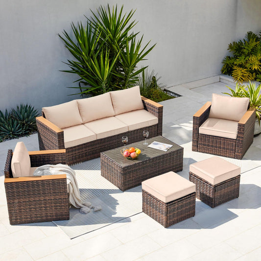 ZZWHOM Patio Furniture Set 6 Pieces w/Ottoman Quick Install Outdoor Patio Furniture w/Table&Chair All Weather Wicker Conversation Set