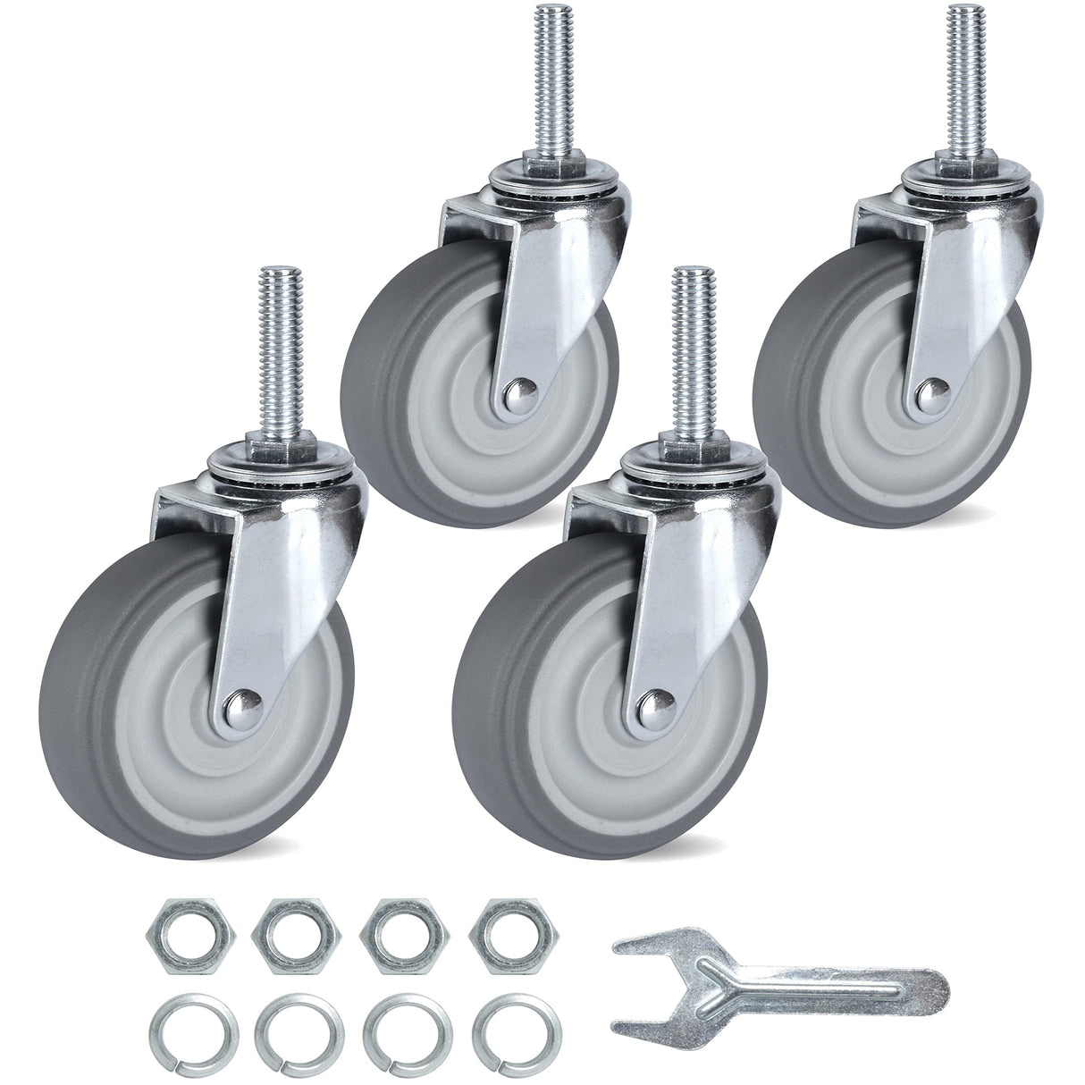 Finnhomy Caster Wheels 3 Inch Set of 4 Heavy Duty Threaded Stem Casters 3/8"-16 x 1-1/2" Swivel Rubber Industrial Castors Premium Wheels for Wire Shelving/Furniture/Carts Load Bearing 720 Lbs Gray Finnhomy