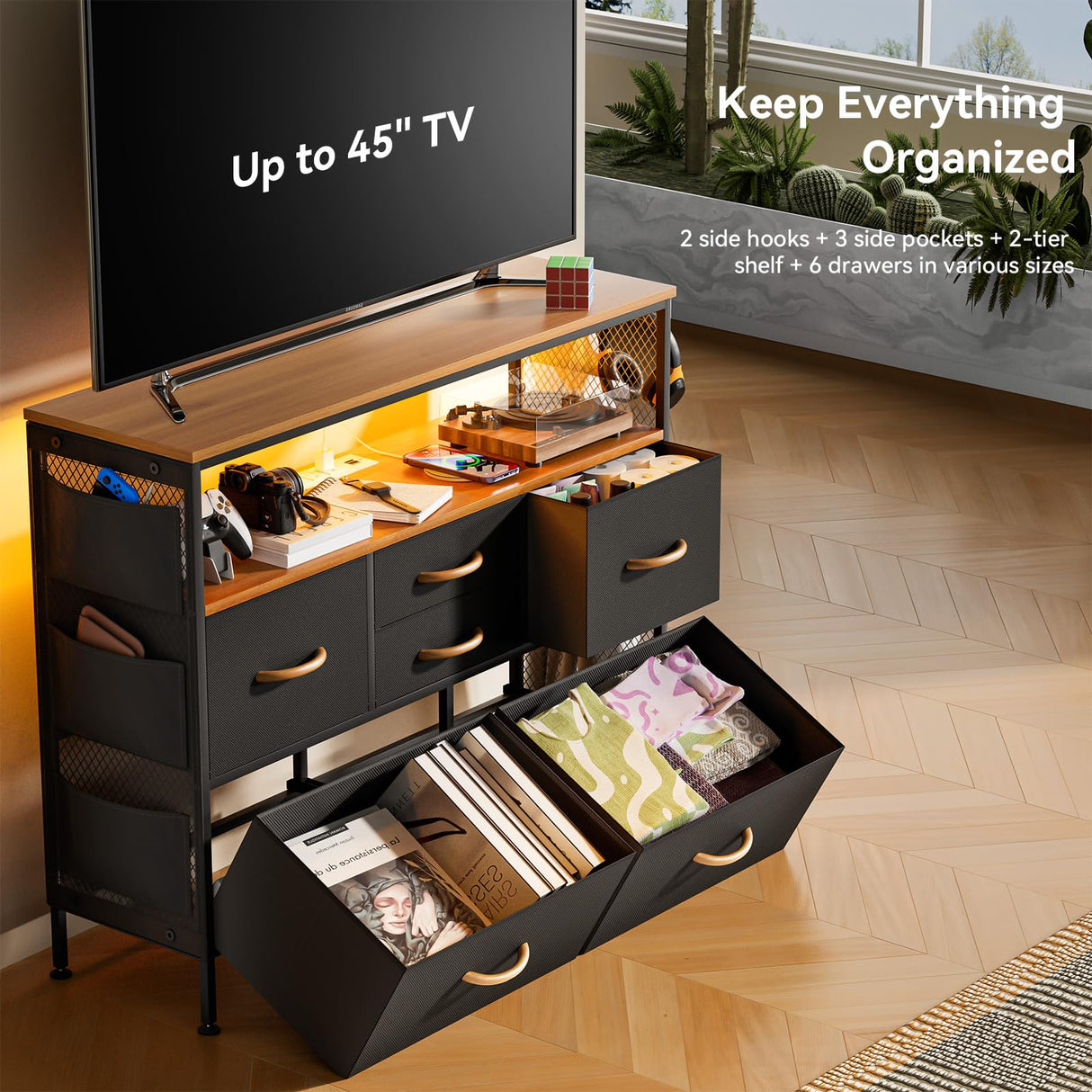 YILQQPER Dresser for Bedroom TV Stand with Power Outlets and LED Light, 6 Drawers Dresser with Side Pockets & Hooks, Wide Dresser with Shelves for 45" TV, Fabric Chest of Drawers, Black YILQQPER