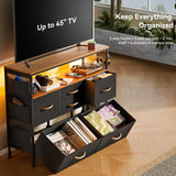YILQQPER Dresser for Bedroom TV Stand with Power Outlets and LED Light, 6 Drawers Dresser with Side Pockets & Hooks, Wide Dresser with Shelves for 45" TV, Fabric Chest of Drawers, Black YILQQPER