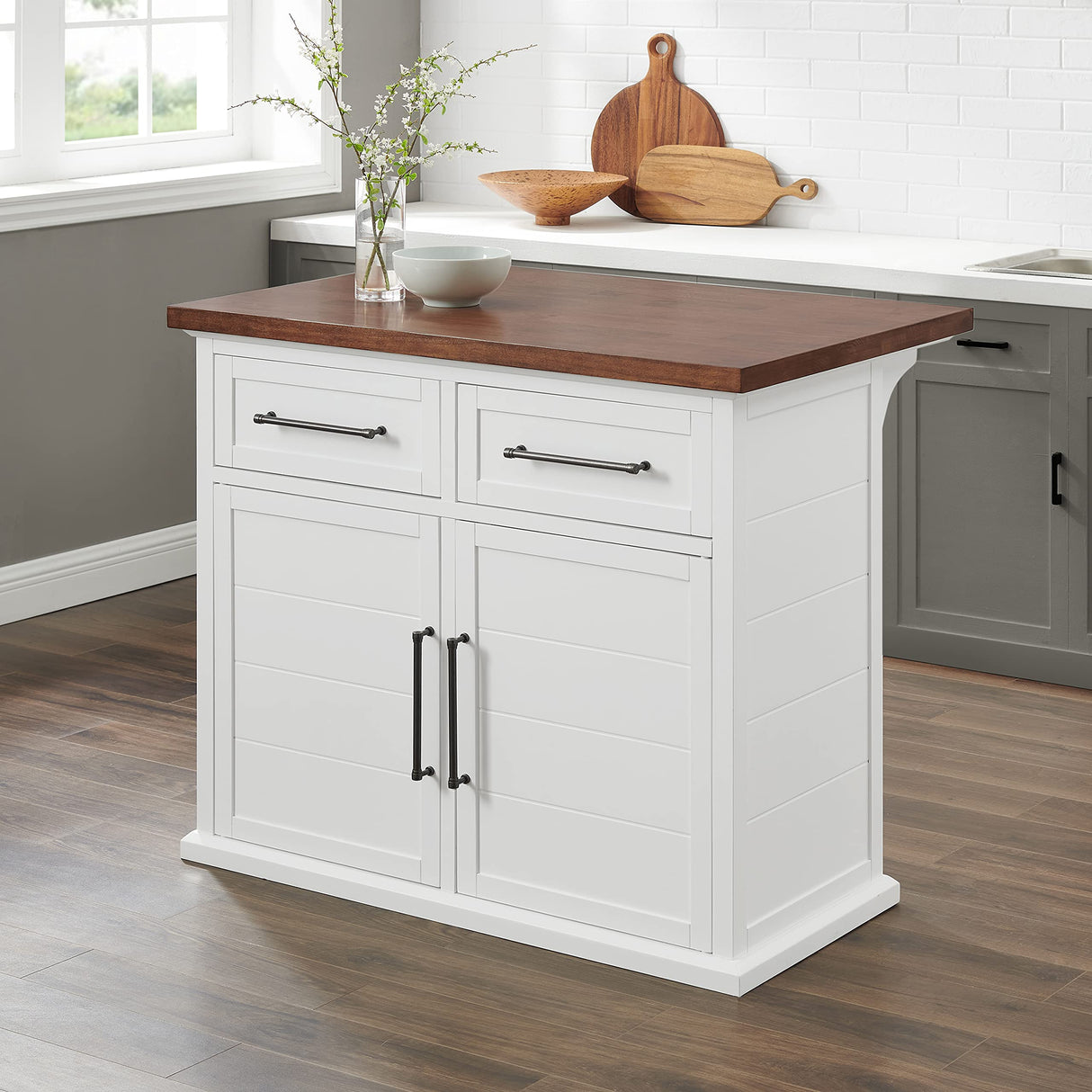 Crosley Furniture Bartlett Kitchen Island with Wood Top, White/Walnut Crosley Furniture