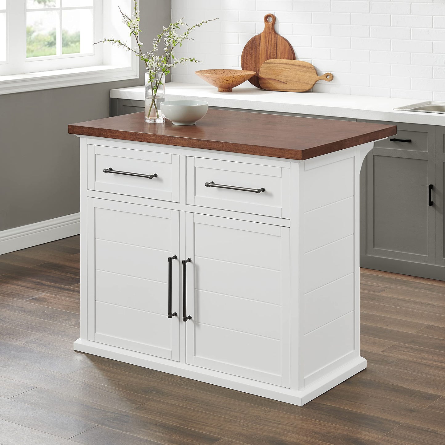 Crosley Furniture Bartlett Kitchen Island with Wood Top, White/Walnut