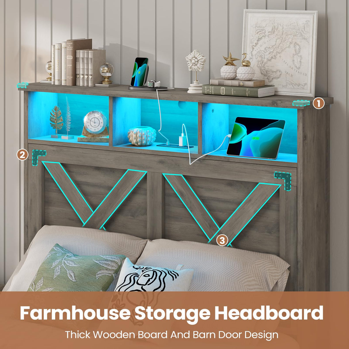 Hasuit Farmhouse Bed Frame Twin Size with Storage Headboard, Charging Station and LED Light, Wooden Twin Bed Frame with Storage Ottoman, Barn Door Design, No Box Spring Needed, No Noise (Oak Grey) Hasuit