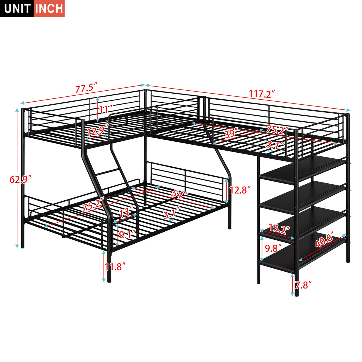 Twin Over Full Bunk Bed with Twin Loft Bed, L-Shaped Triple Bunk Bed with Storage Shelves, 3 Bunk Beds with Ladder and Full Length Guardrails, (Black Twin Over Full Shlef) Bellemave
