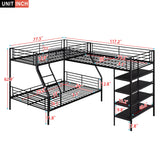 Polibi L-Shaped Metal Corner Bunk Bed with Ladder, Twin Over Full Bunk Bed with Twin Loft Bed and 4 Built-in Shelves, Black Polibi