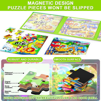 Magnetic Puzzles for Kids Ages 4-8, 3 in 1 Cartoon Jigsaw Puzzle Book, Kids Travel Puzzles Toys, Preschool Learning Toy for Kids 3-8 Year (Green Zoo)