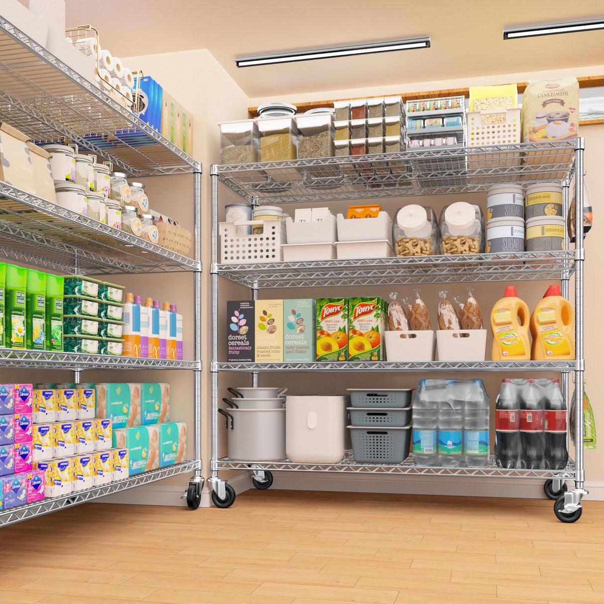 PrimeZone 4 Tier 55.5" Wx24 Dx76 H Wire Shelving with Wheels 2400lbs NSF Certified Storage Shelves Heavy Duty Metal Shelf Adjustable Rolling Rack Commercial Garage Restaurant Warehouse Kitchen Chrome PrimeZone