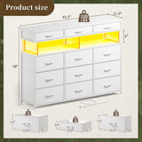 Dresser for Bedroom with Charging Station and LED Lights Dressers & Chest of Drawers with 12 Fabric Drawers Organizer with 10MM Thick Acrylic Sheet for Living Room, White Romorgniz