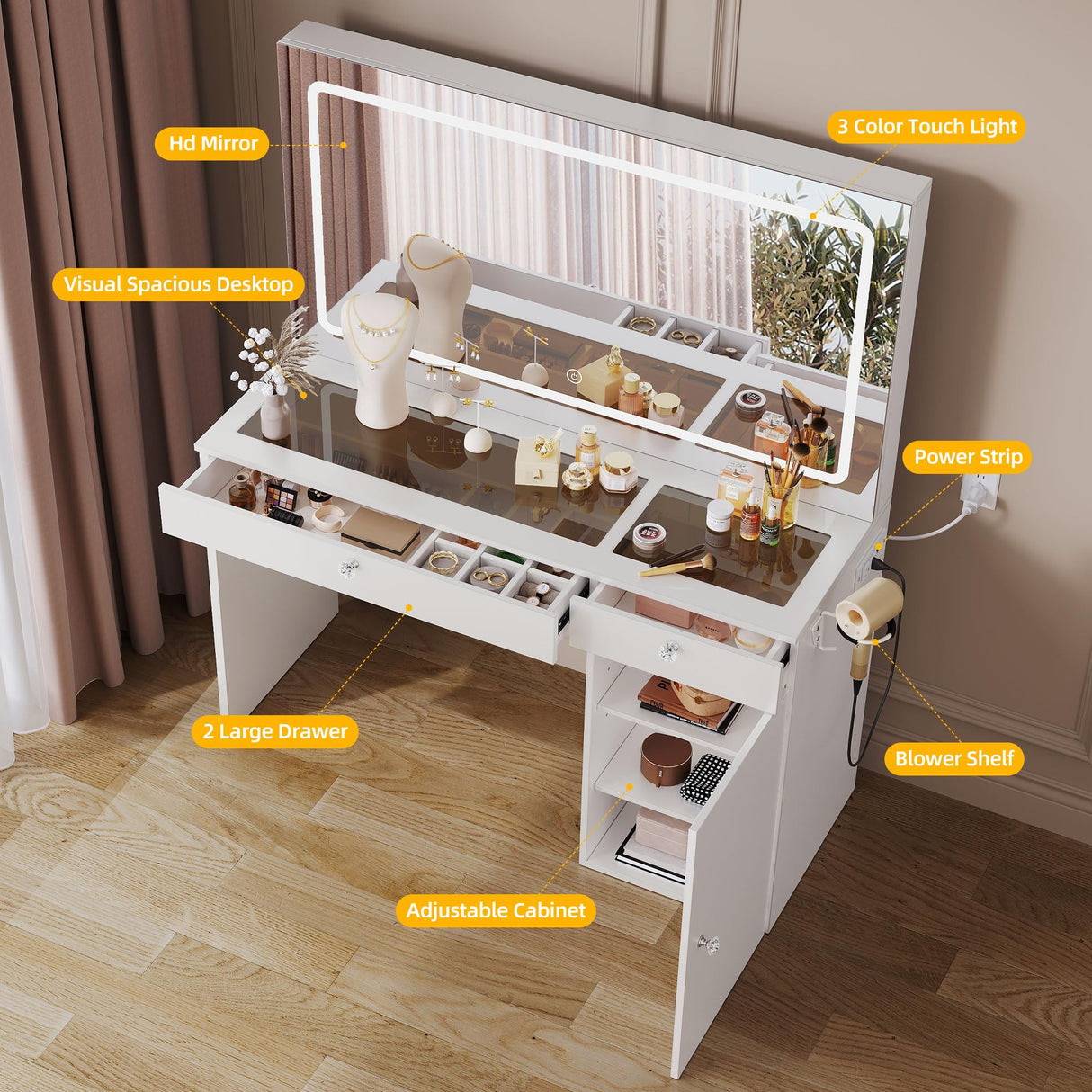 DWVO 47" W Vanity Desk with LED Light and Power Outlets, Large Makeup Vanity with Dividers and Hair Dryer Rack, 3 Level Storage Dresser Makeup Vanities Dressing Table for Bedroom, White DWVO