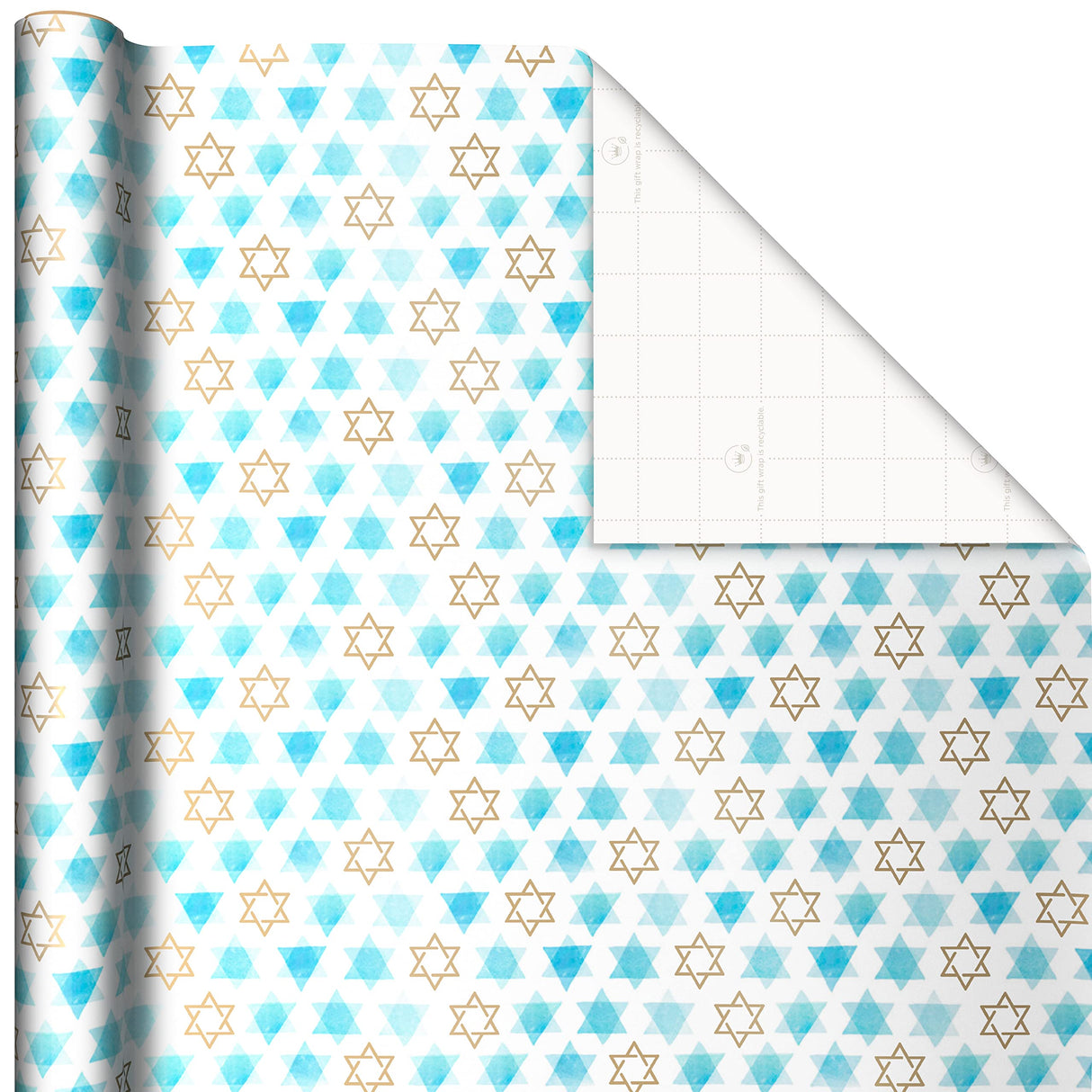Hallmark Tree of Life Hanukkah Wrapping Paper with Cutlines on Reverse (3 Rolls: 120 Sq. Ft. Total) Blue and Gold Star of David, Menorahs, Candles, Dreidels Hallmark