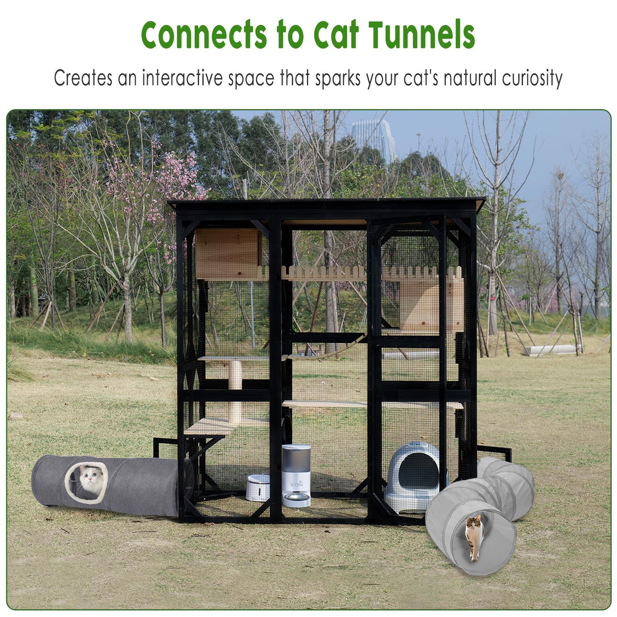 Catio Outdoor Cat Enclosure Wooden Cat House for Mulitiple Cats Walk-in Cage Window Acess with Heavy Duty Weather-Proof Asphalt Roof nicedday