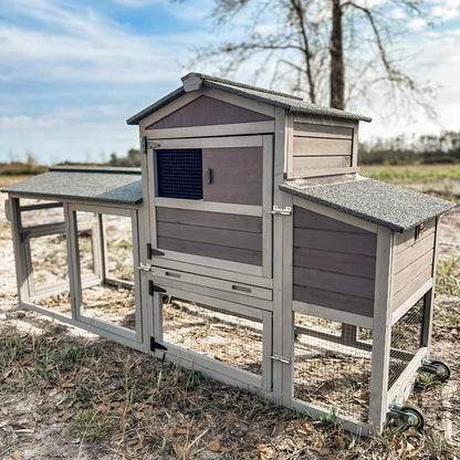 Wooden Chicken Coop with Wheels, Mobile Hen House 80" Outdoor Poultry Cage with Nesting Box Run