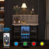 QNICE LED Industrial Wine Bar Cabinet for Liquor and Glasses/Sliding Barn Door Coffee Bar Cabinet with Light/Farmhouse Sideboard Buffet Storage Cabinet with Wine Rack/Rustic Oak/Easy Assembly QNICE