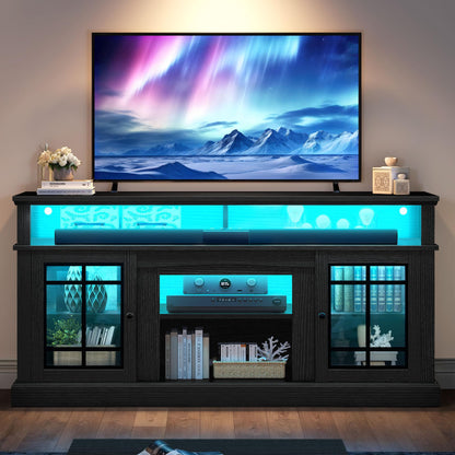 YITAHOME Black TV Stand for 75 Inch TV with LED Lights, 32'' Tall Modern TV Stands w/Adjustable Shelves & Glass Doors, Mid Century Modern Entertainment Center TV Media Console Table for Livin - WoodArtSupply