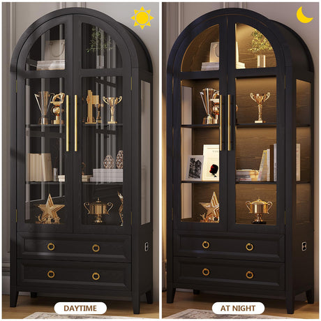LVSOMT 71" Tall Arched Storage Cabinet with Glass Doors and Drawers, Curio Display Cabinet with Adjustable LED Light & Human Sensor, 4-Tier China Cabinet for Living Room(Black) LVSOMT