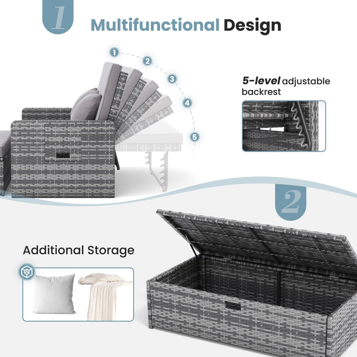 Amopatio Wicker Outdoor Daybed - Outdoor Loveseat with Storage Ottoman,4-Level Adjustable Backrest & Cushions, Patio Loveseat for Yard, Balcony, Porch, Garden, Poolside（Grey） Amopatio