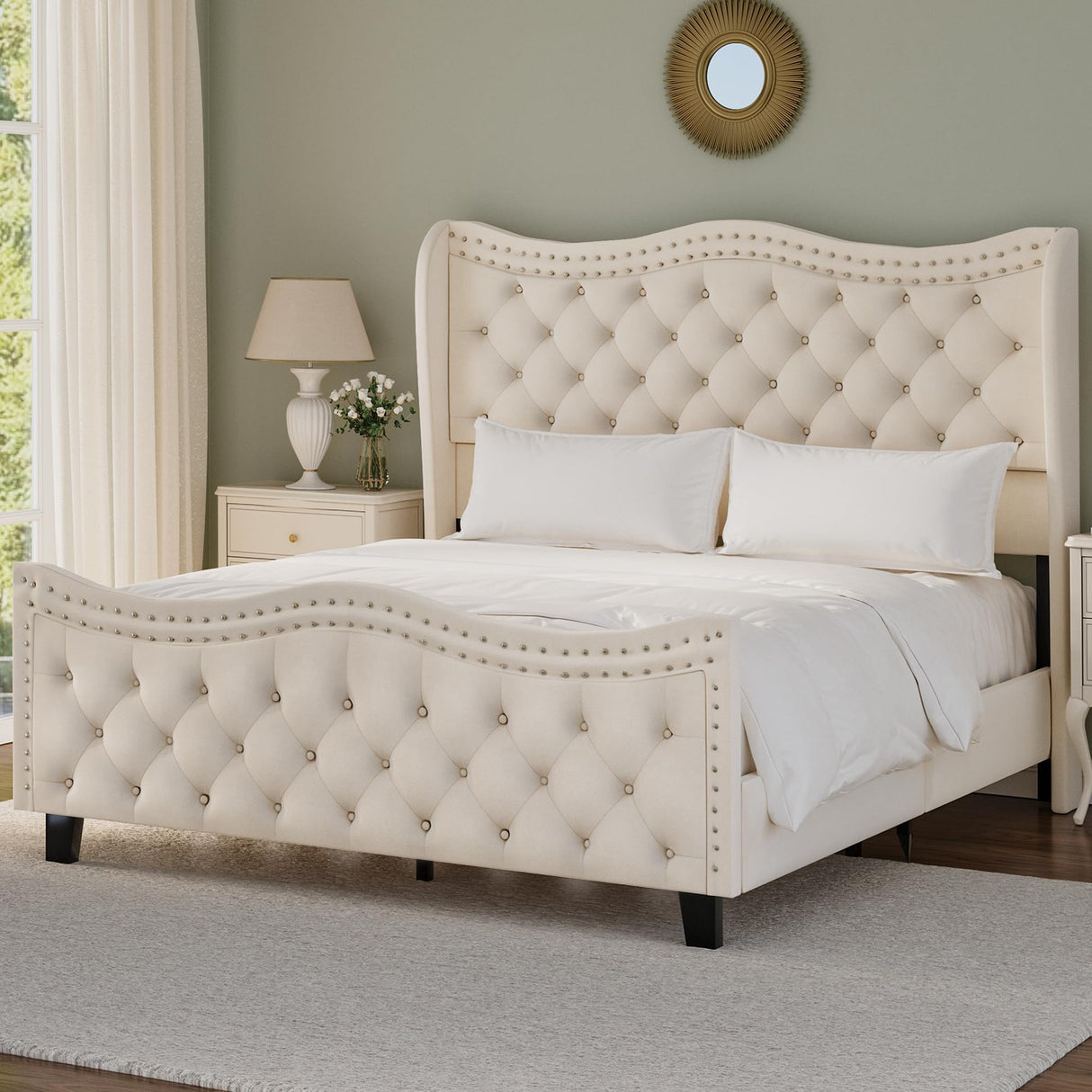 RIHHA Elegant Glam Queen Upholstered Bed Frame with Tall Tufted Wingback Headboard & Footboard – Cream Beige Velvet Platform Bed, Sturdy & Noise-Free, No Box Spring Required, Easy Assembly RIHHA