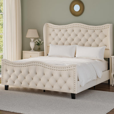 RIHHA Elegant Glam Queen Upholstered Bed Frame with Tall Tufted Wingback Headboard & Footboard – Cream Beige Velvet Platform Bed, Sturdy & Noise-Free, No Box Spring Required, Easy Assembly