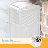 Suncast 33 Gallon Durable Plastic Hideaway Outdoor Garbage Can Trash Bin with Lid and Wicker Design for Backyard, Deck, or Patio, White Suncast