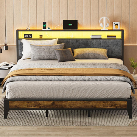 OLEVS King Bed Frame with Headboard, Metal Platform Bed Queen Size with 2-Tier Storage, LED Light & Charging Station Type C, No Box Spring Needed, Easy Assembly OLEVS