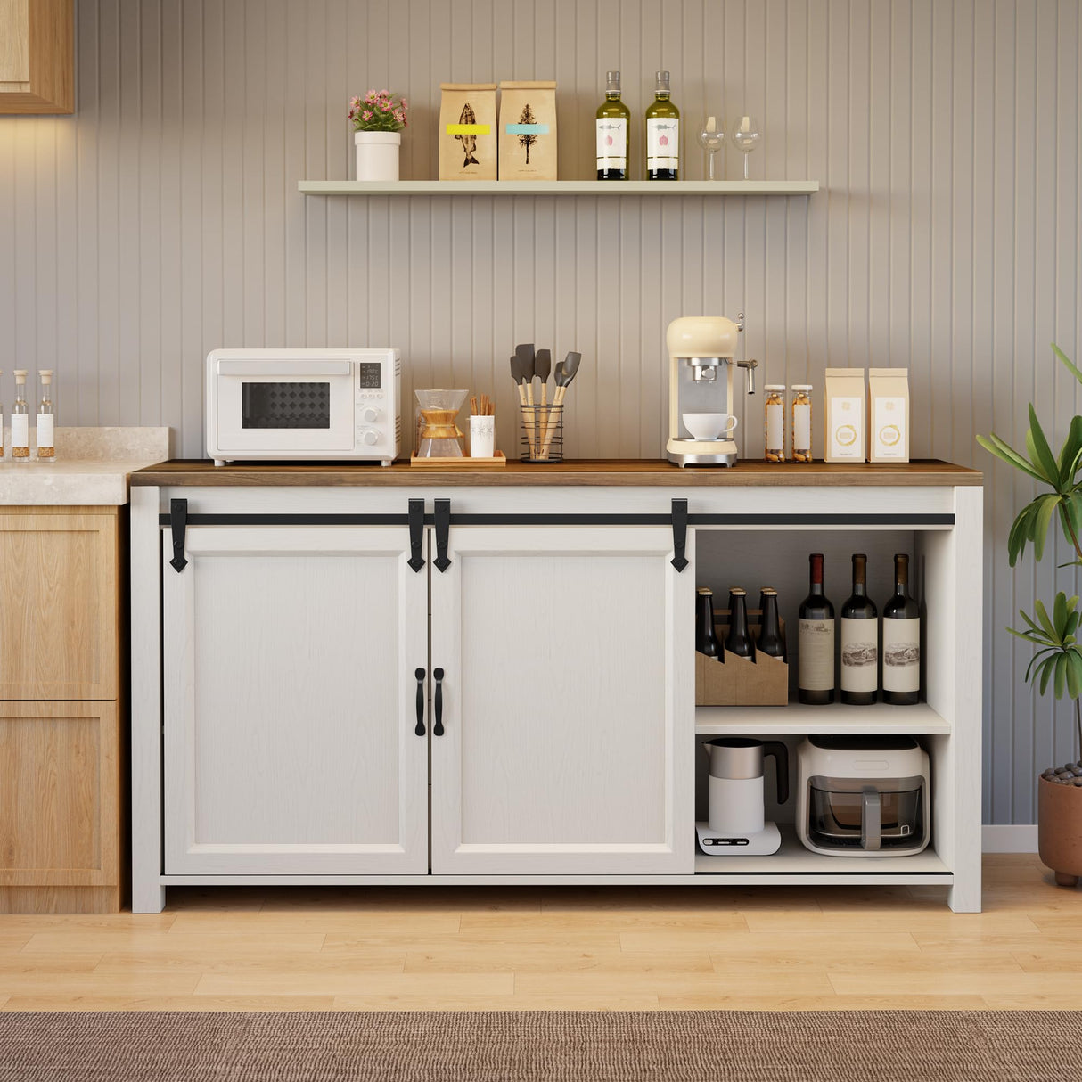 Gizoon Farmhouse Sideboard Buffet Cabinet with Storage, Large Coffee Bar Cabinet with Sliding Barn Doors and Adjustable Shelf, Kitchen Storage with 4 Drawers for Dining Room, Living Room, Retro Gizoon
