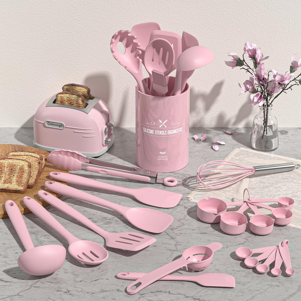 Umite Chef 22Pcs Silicone Cooking Utensils Set, Heat Resistant Silicone Kitchen Spatulas Set with Holder, Cooking Gadgets Tools Set for Nonstick Cookware, Dishwasher Safe(Pink) Umite Chef