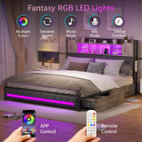 CSZZD Full Bed Frame with 4 Storage Drawers, Bookcase Headboard & USB Charging Station, Upholstered Metal Platform Bed in Oak Gray CSZZD