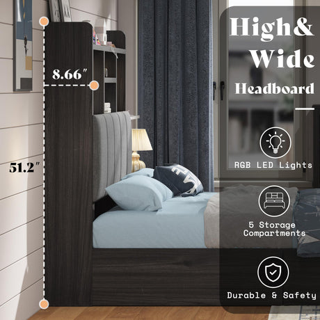 AMERLIFE Twin Bed Frame with 51.2" Tall Bookcase Headboard, Farmhouse Platform Bed with 4 Storage Drawers, Linen Upholstered, Charging Station & Storage, Rustic Black AMERLIFE