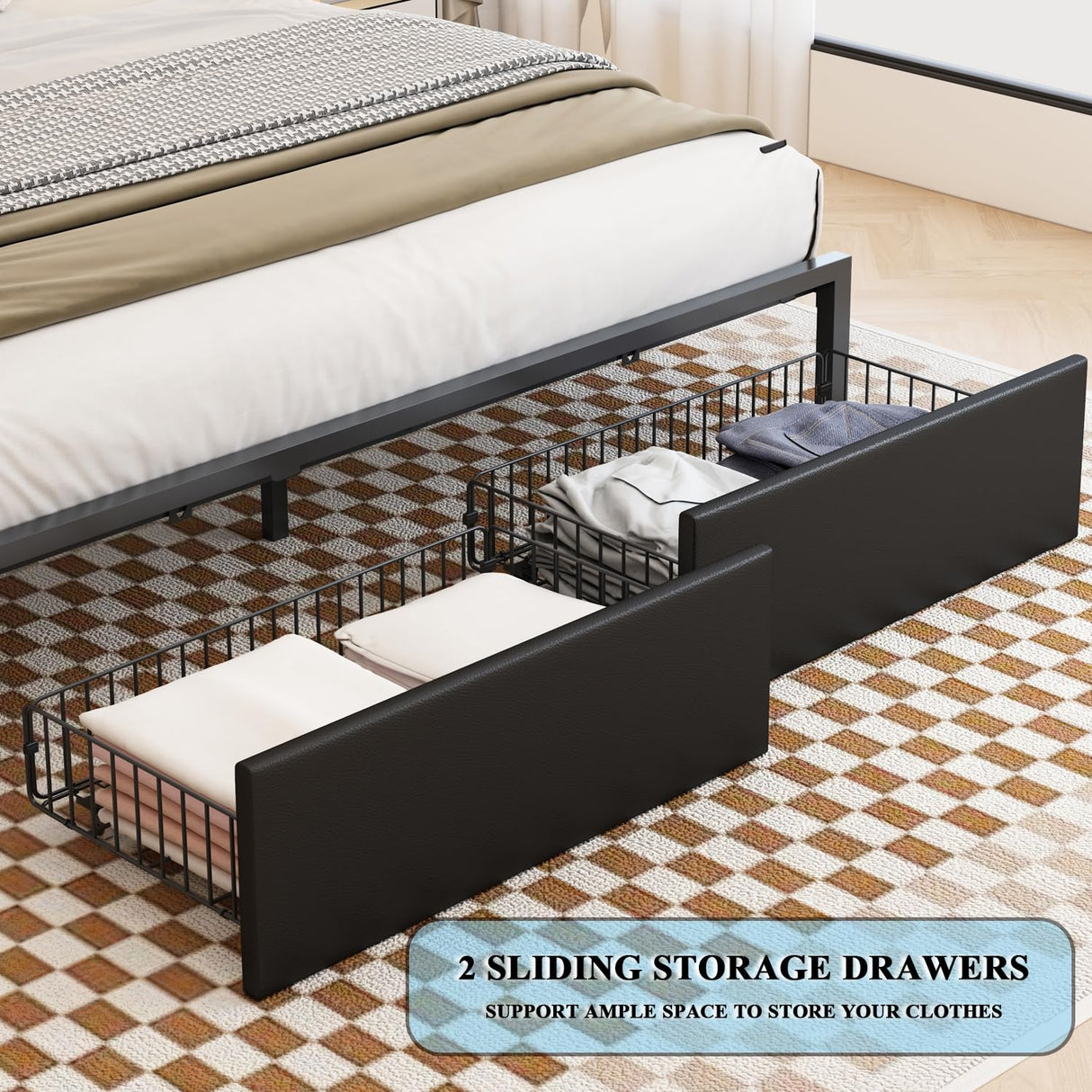 TIGUBFRE LED Bed Frame King Size with Bookshelf PU Leather Headboard, 2 Hidden Storage Drawers, Upholstered Platform Bed with Charging Station, Metal Slats Support, Noise Free, No Box Spring Needed TIGUBFRE