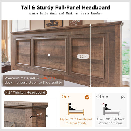 ACCOHOHO Farmhouse Queen Size Bed Frame with 52" Tall Full-Panel Headboard, Wood Platform Bedframe with Footboard and Storage Drawers, No Squeak, No Box Spring Needed, Light Brown ACCOHOHO