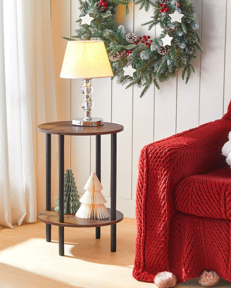 CHOEZON Round Side Table, 2-Tier End Table, Small Round Nightstand with Sturdy Metal Tube, Industrial Circular Coffee Table, for Living Room, Bedroom, Rustic Brown and Black TBZ01BF CHOEZON