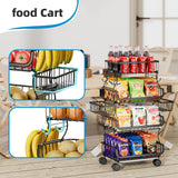Simple Trending 4 Tier Rolling Cart, Stackable Fruit Vegetable Basket with Wheels and 2 Hanging Basket, Kitchen Storage Metal Wire Basket Stand for Vegetable Bread Snacks, Black Simple Trending