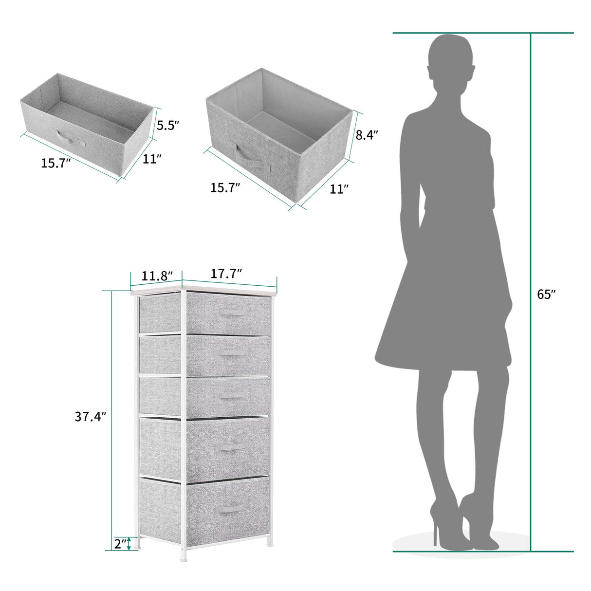 YITAHOME 5 Drawers Dresser, Vertical Fabric Storage Tower Organizer Unit for Living Room, Hallway - Sturdy Steel Frame, Wooden Top & Easy Pull Fabric Bins YITAHOME