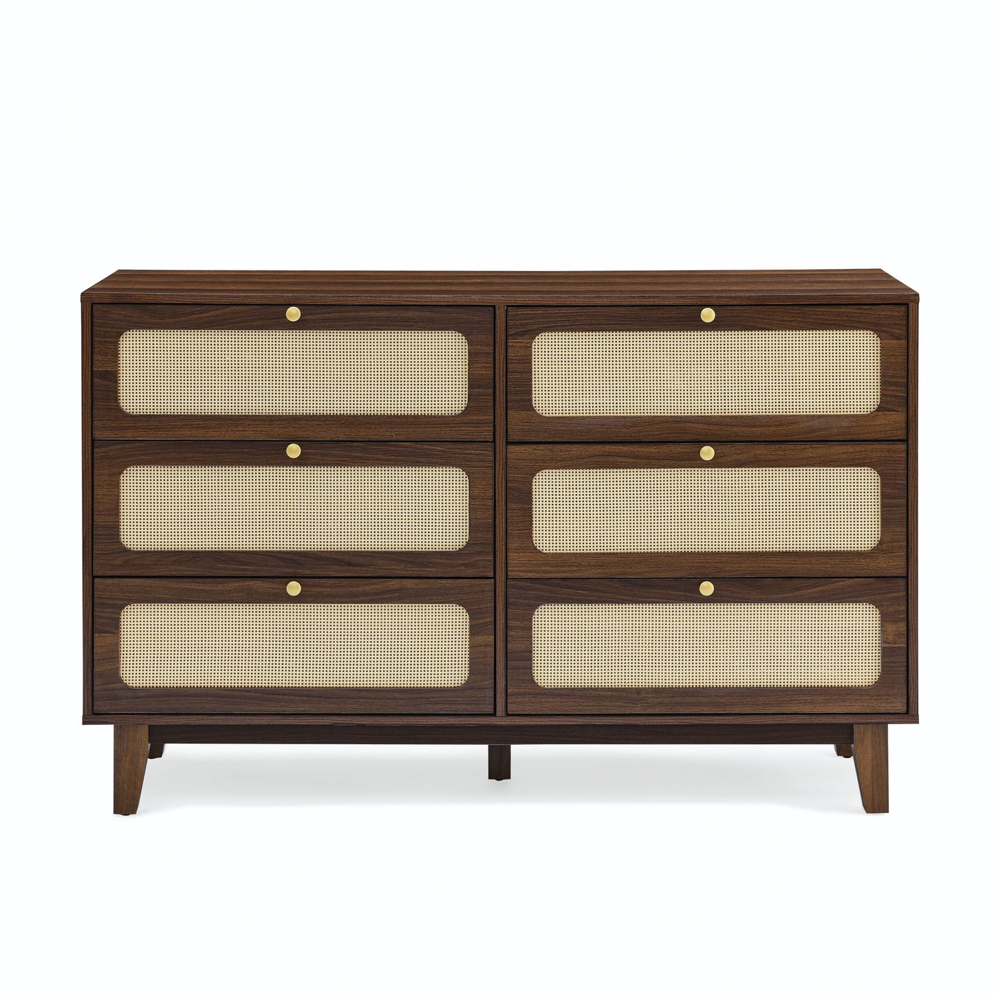 6 Drawer Rattan Dresser,Modern Chest with 6 Drawers, Wood Storage Cabinet Sideboard TV Cabinet for Bedroom, Living Room, Entryway, Hallway(Natural Walnut)