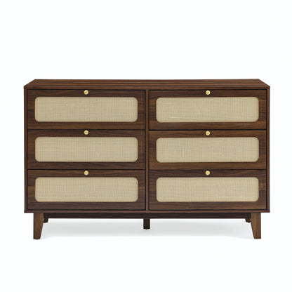 6 Drawer Rattan Dresser,Modern Chest with 6 Drawers, Wood Storage Cabinet Sideboard TV Cabinet for Bedroom, Living Room, Entryway, Hallway(Natural Walnut)