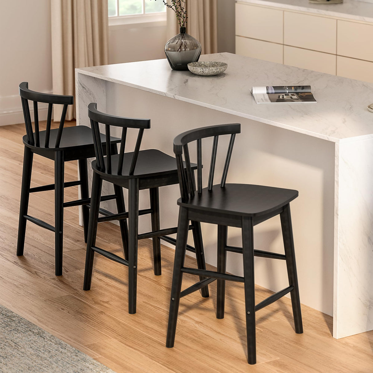 EYYTHUNG Wood Bar Stools Set of 3, 24" Barstool Farmhouse Counter Stools with Curved Back for Dining Room, Black EYYTHUNG