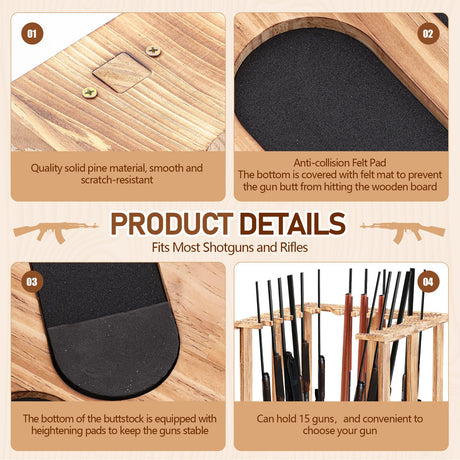 GlikCeil Gun Rack Wooden Rack Rifle Stand Display for 15 Shooting Hunting Guns Organizer and Storage Corner Floor Standing for Home Indoor Exhibition Rifle Lover Gift(Natural Wood) GlikCeil