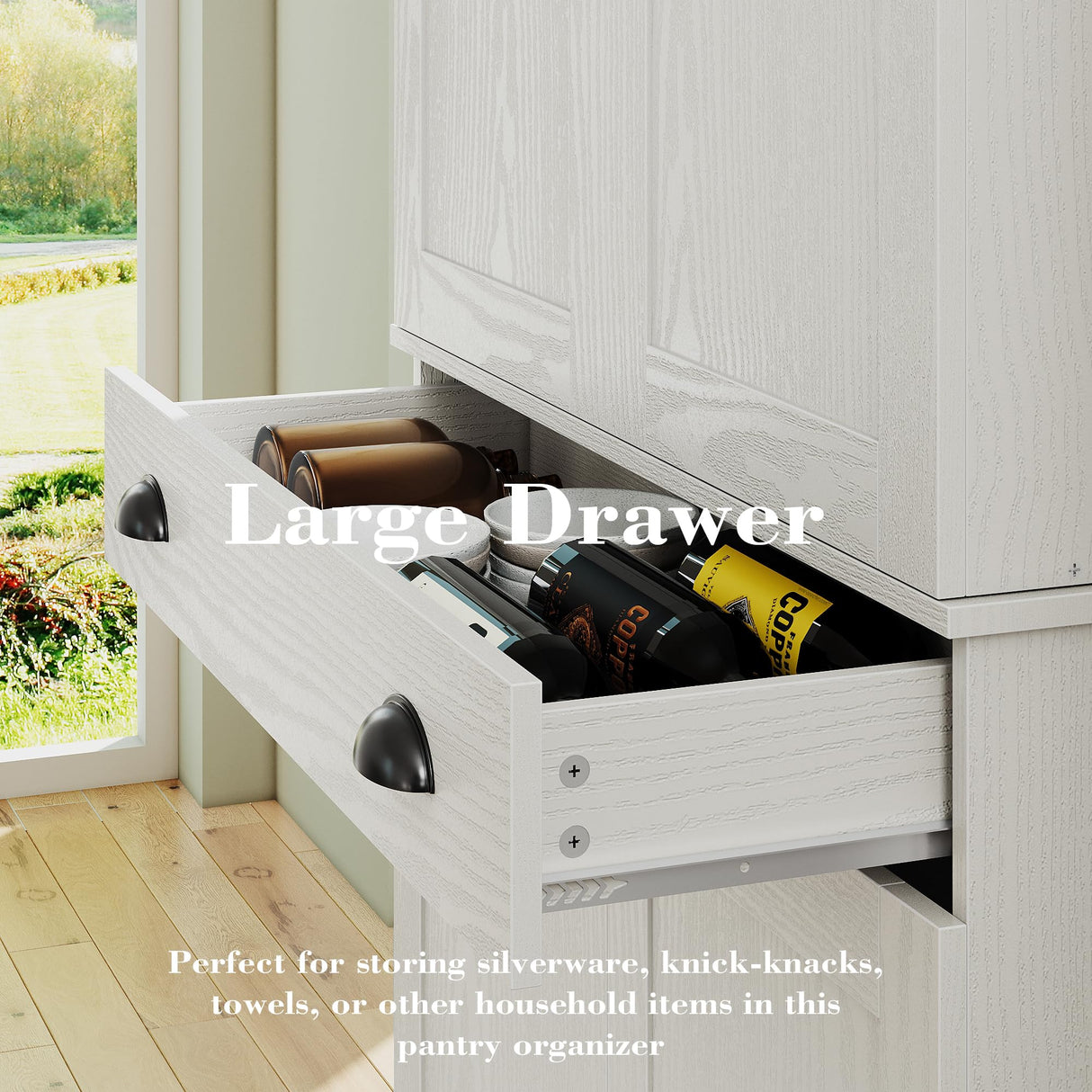 IRONCK Kitchen Pantry Cabinet 72" Height, Freestanding Cupboard with Drawer, Sliding Storage Rack, and 6 Hanging Shelves for Dining Room, Laundry, White IRONCK