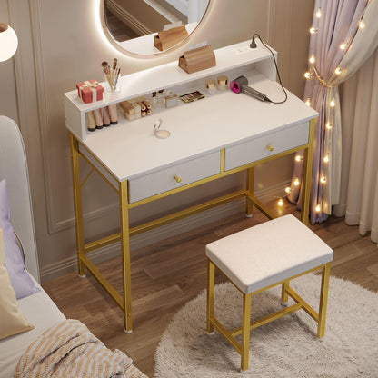 Seventable Vanity Desk Without Mirror, Makeup Vanity with Drawers and Charging Station, Small Desk with Storage for Bedroom, Simple Home Office Computer Desk for Small Spaces, White and Gold Leg