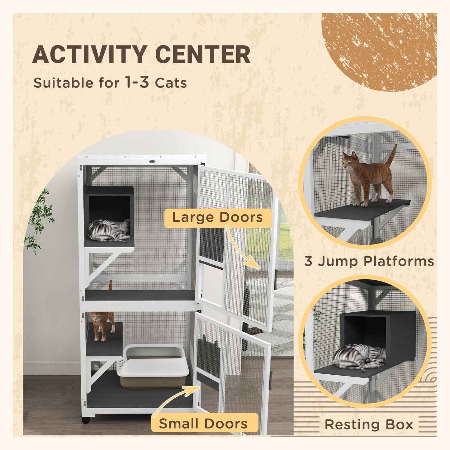 PawHut Wooden Catio with Waterproof Roof, Large Cat House with High-Up Resting Box, Indoor & Outdoor Cat Enclosure with Wheels, for 1-3 Cats, White