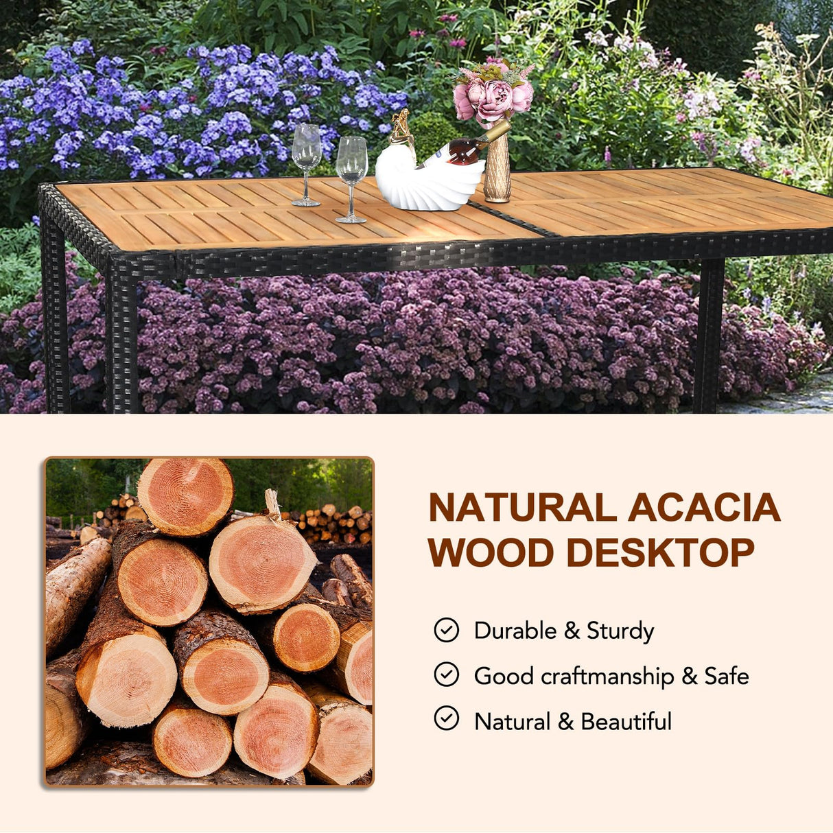 VINGLI 7 Pieces Patio Dining Set, Wicker Outdoor Dining Set for 6 Patio Furniture Set with Acacia Wood Table Outdoor Table and Chairs for Garden and Yard VINGLI