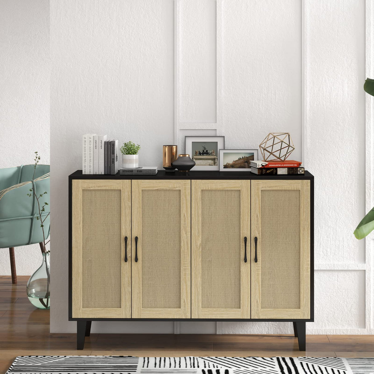 Panana Buffet Storage Cabinet with Rattan Decorating 4 Doors Living Room Kitchen Sideboard 48.43 x 34.65 x 15 inch (Black) Panana
