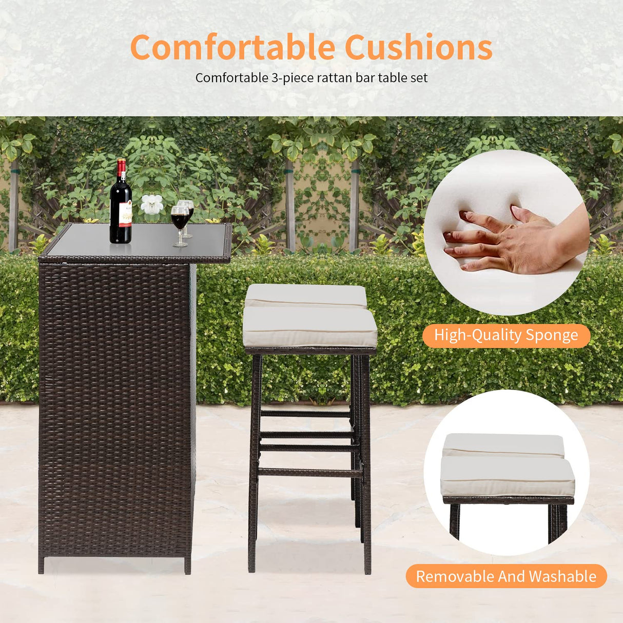 FDW Khaki Wicker 3-Piece Patio Set with Chairs & Coffee Table for Outdoor Relaxation FDW