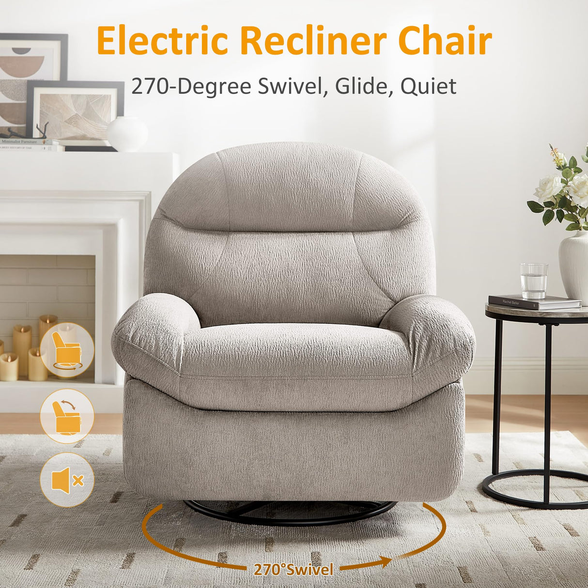 VANOMi Power Recliner Chair with USB & Type-C Charging, 270° Swivel Glider Rocker, Electric Nursery Recliner for Living Room, Bedroom, and Office, Light Gray VANOMi